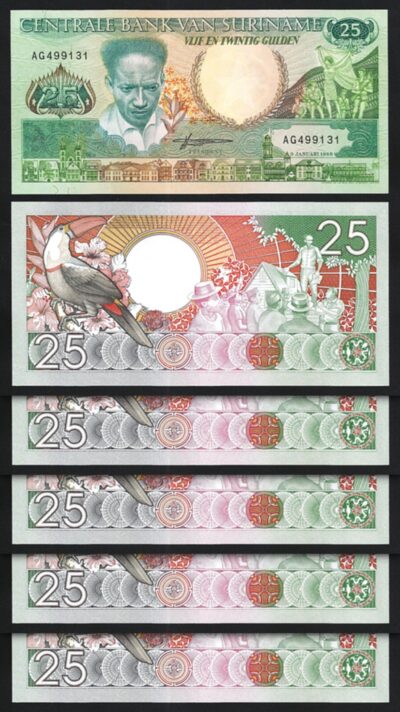 Suriname 25 Gulden 1988, UNC-, 5 PCS LOT,  P-132b, Prefix AG