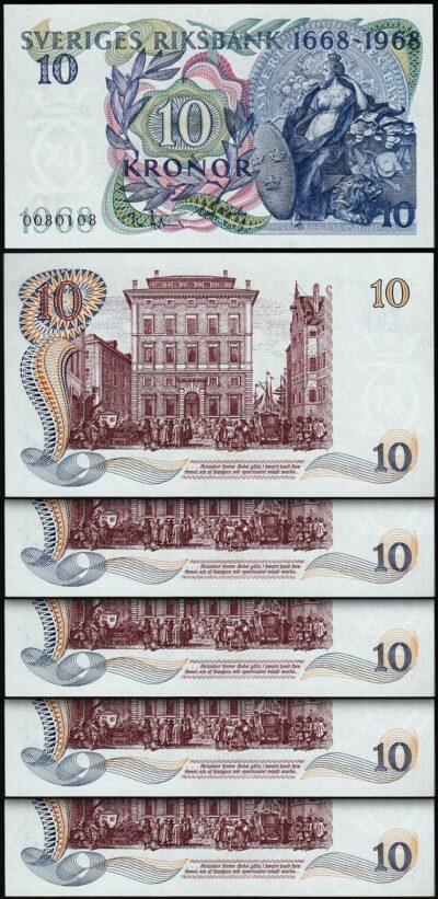 Sweden Suede 10 Kronor 1968, AU/UNC, 5 PCS LOT, Commemorative, P-56