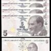 TURKEY 5 LIRA 2009 / 2017 UNC  5 PCS LOT P-222c NEW SIGN PREFIX C