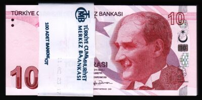 Turkey 10 Lira 2009 - 202, UNC, ½ BUNDLE, Pack 50 PCS, Prefx F, P-223f, New Sign