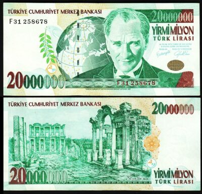 Turkey 20000000, 20,000,000, 20 Million Lira 2000, VF++, P-215