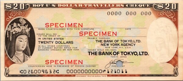 USA SPECIMEN, Bank Of TOKYO NY Travellers Cheque, 20 Dollars UNC, With Watermark