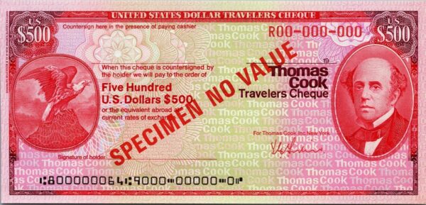 USA SPECIMEN, Thomas Cook NY Travellers Cheque, 500 Dollars UNC, With Watermark