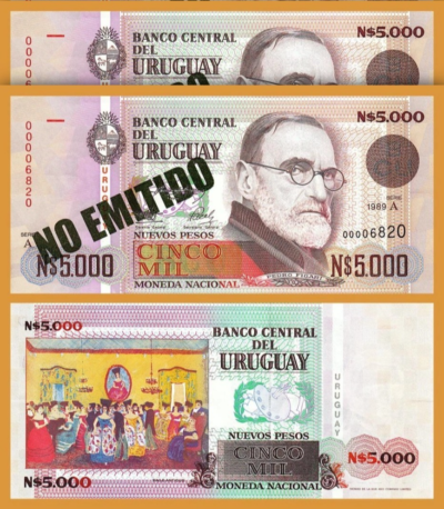 Uruguay 5000 Nuevos Pesos 1989, UNC, 2 Pcs PAIR, P.68A, Not Issued, A 0000****