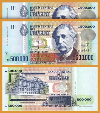 Uruguay 500000 Nuevos Pesos 1992, UNC, 2 Pcs PAIR, Consecutive, P-73, Serie A