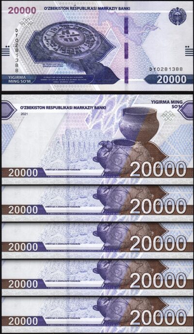 Uzbekistan 20000 Sum 2021, UNC, 5 Pcs LOT, Consecutive, P-90 New