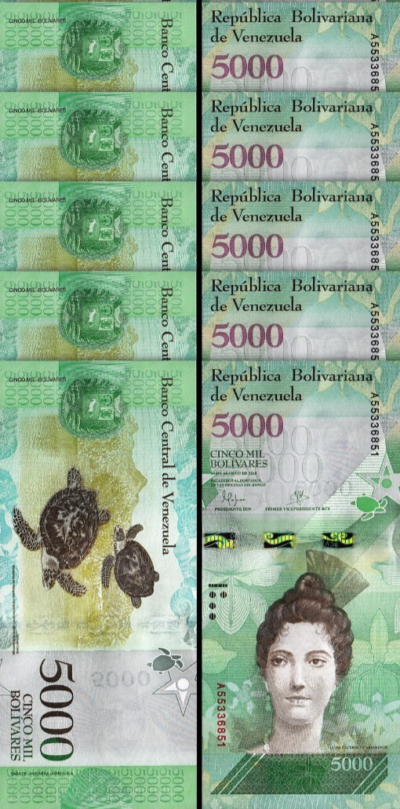 Venezuela 5000 Bolivares 2016, UNC, 5 Pcs LOT, Consecutive, P-97a, Prefix A