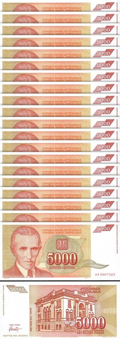 Yugoslavia 5000 Dinara 1993, UNC, 20 Pcs LOT, Consecutive, P-128, Low AA 0007***