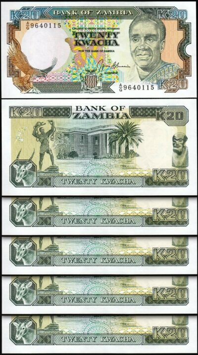 Zambia 20 Kwacha 1989 - 1991, UNC, 5 PCS LOT, P-32b