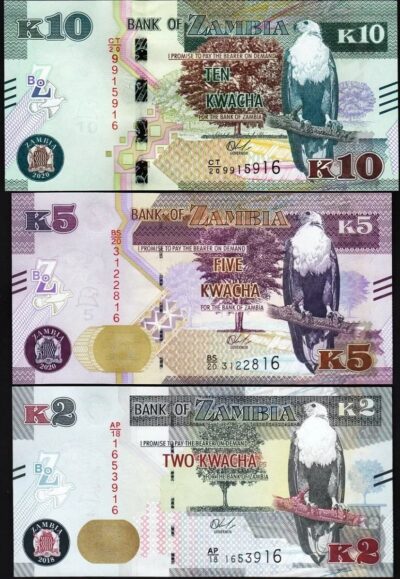 Zambia 3 Pcs SET, 2 5 10 Kwacha 2018 2020, UNC, P-56 57 58