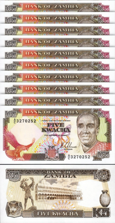Zambia 5 Kwacha 1989, UNC, 10 Pcs LOT, Consecutive, P-30, Sign 8