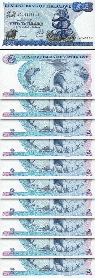 Zimbabwe 2 Dollars 1994, UNC, 10 Pcs LOT, P-1c