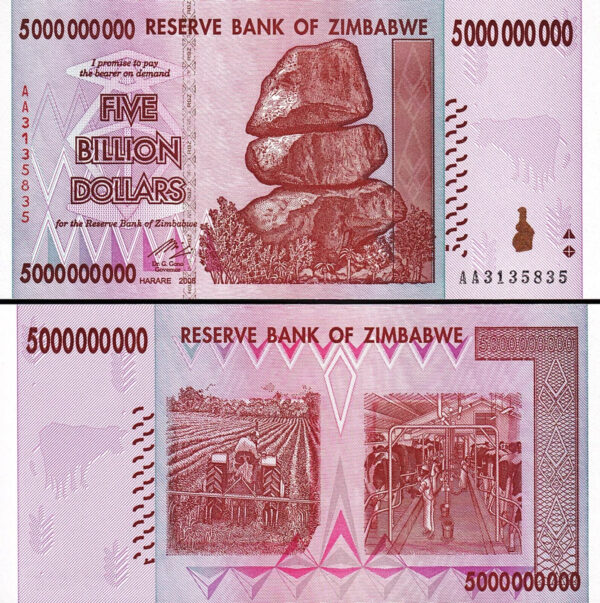 Zimbabwe 5 Pcs SET, 1 5 10 20 50 Billion 2008 UNC-, P-83 84 85 86 87 - Image 6