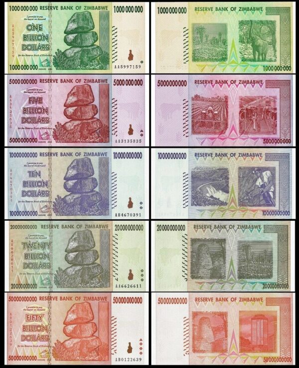 Zimbabwe 5 Pcs SET, 1 5 10 20 50 Billion 2008 UNC-, P-83 84 85 86 87