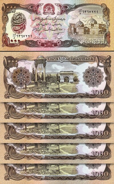 Afghanistan 1000 Afghanis 1991, UNC-, 5 Pcs LOT, P-61c