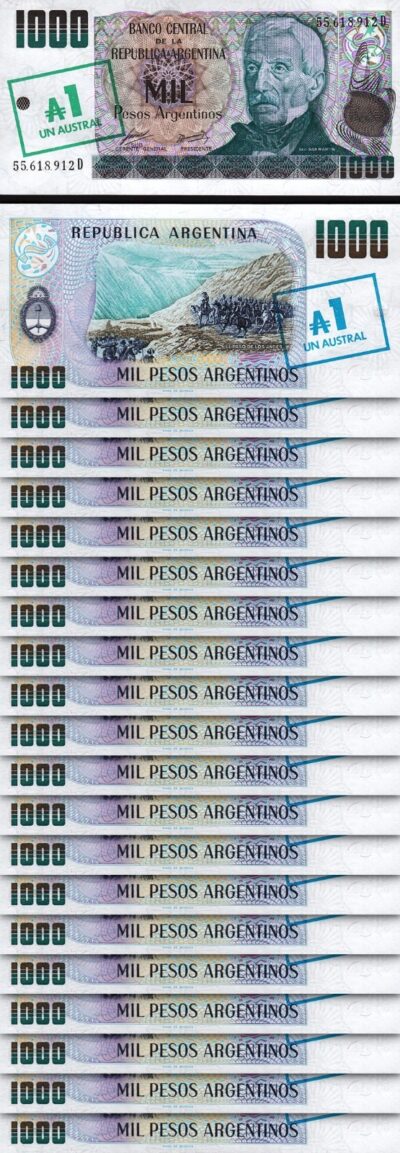 Argentina 1 Australes on 1000 Pesos, 1985 Overprint, UNC, 20 Pcs LOT, P-320
