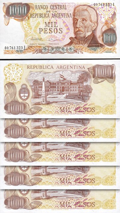 Argentina 1000 Pesos 1976 - 1983, UNC-, 5 PCS LOT, P-304d