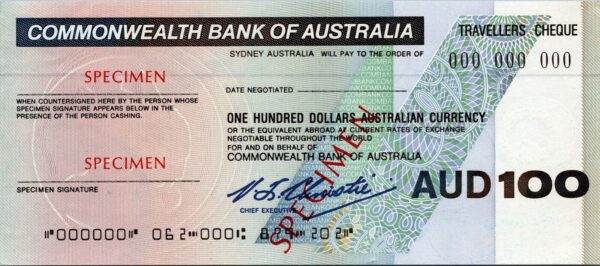 Australia SPECIMEN, Commonwealth Bank Travellers Cheque, 100 Dollars UNC, WMK