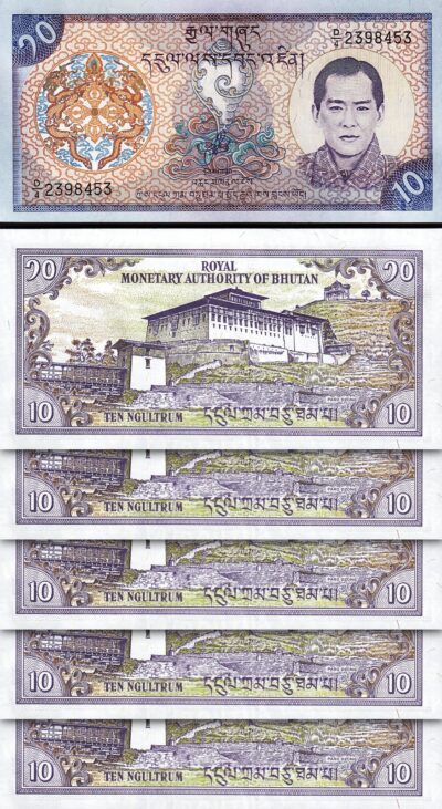 Bhutan 10 Ngultrum 2000, UNC, 5 Pcs LOT, Consecutive, P-22