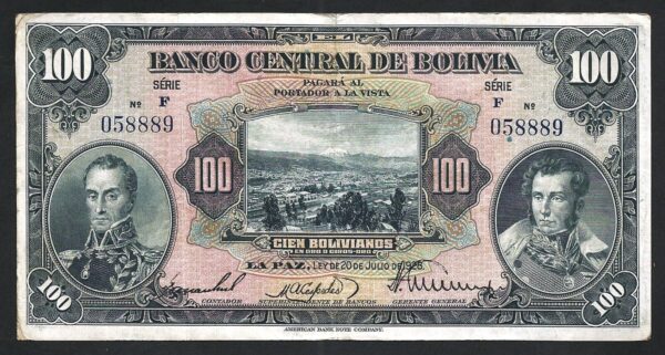 Bolivia 100 Boliviano 1928, VF+, P-125a