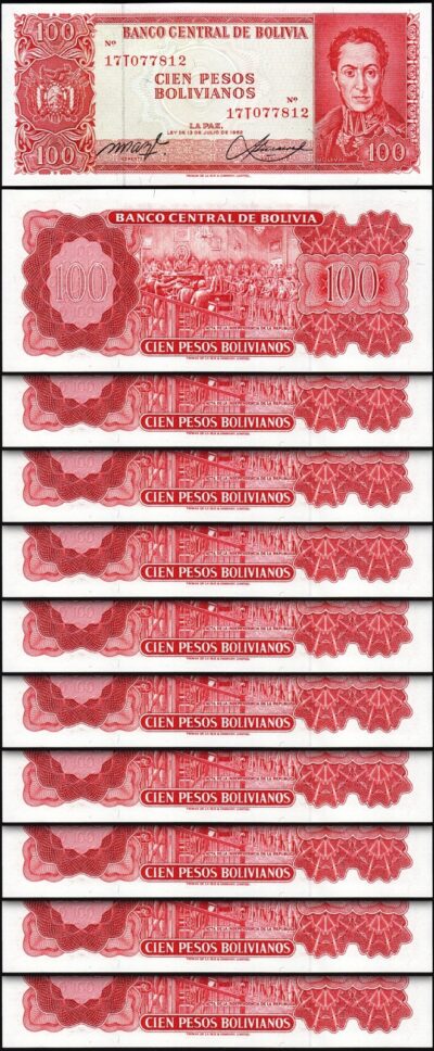 Bolivia 100 Bolivianos 1962, UNC, 10 Pcs LOT, P-164