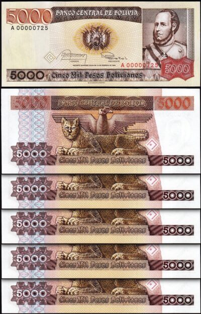 Bolivia 5000 Pesos Bolivianos 1984, LOW 000007**, UNC, 5 Pcs LOT, P-168a, Prfx A