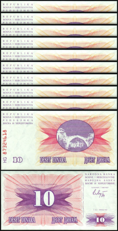 Bosnia 10 Dinara 1992, UNC, 10 Pcs LOT, Consecutive, P-10