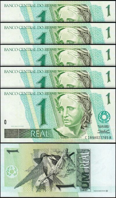 Brazil 1 Real Nd 1997, UNC, 5 Pcs LOT, Consecutive, P-243Af, Sign 39