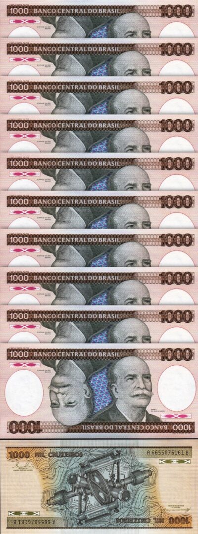 Brazil 1000 Cruzeiros 1986, UNC, 10 Pcs LOT, P-201c, Sign 22, Prefix AB