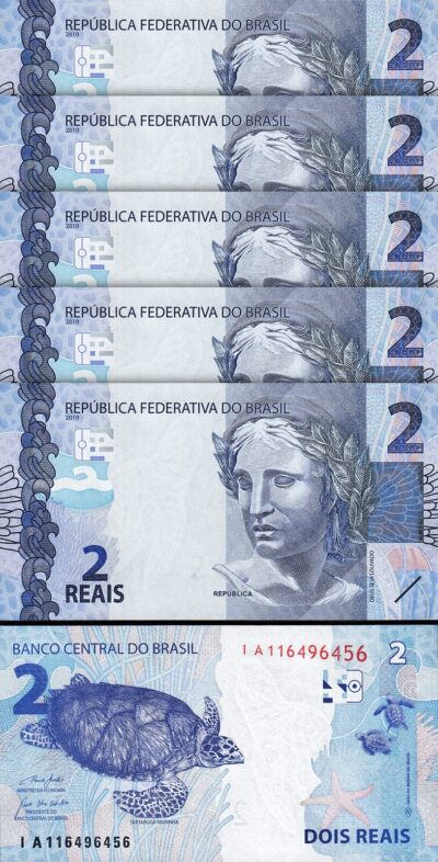 Brazil 2 Reais ND 2010 (2019), UNC, 5 Pcs LOT, Prefix IA, P-252 New