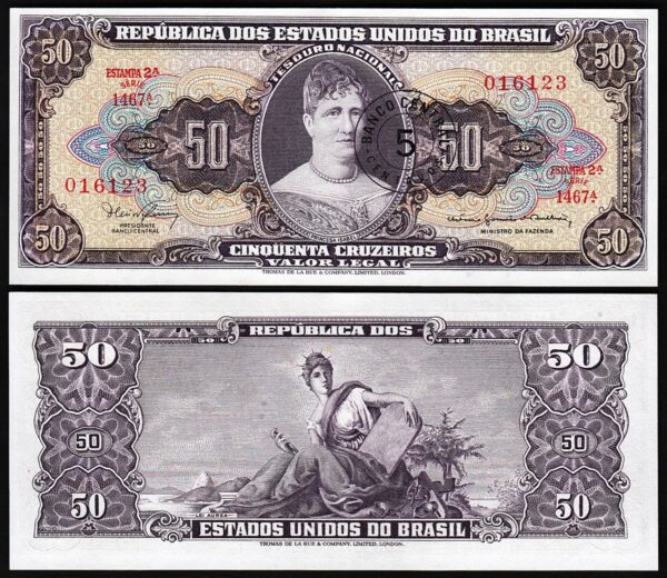 Brazil 5 Centavos on 50 Cruzeiros 1966 1967, UNC- 2 Pcs PAIR, Consecutive,P-184b - Image 3