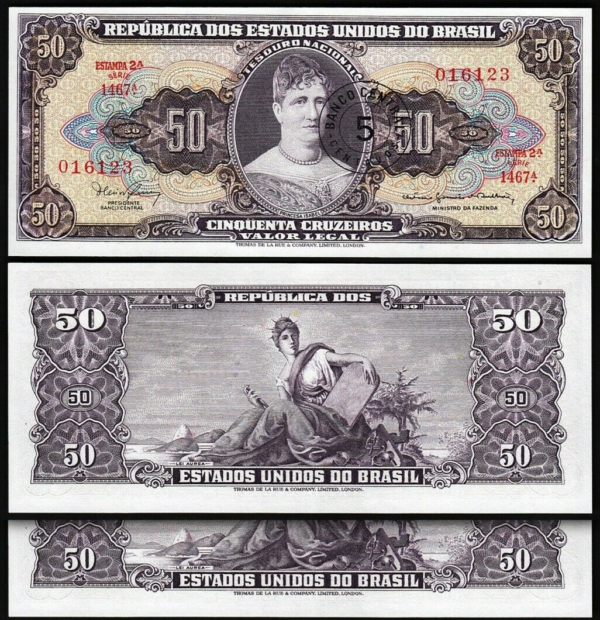 Brazil 5 Centavos on 50 Cruzeiros 1966 1967, UNC- 2 Pcs PAIR, Consecutive,P-184b