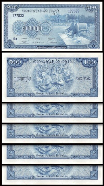 Cambodia 100 Riels 1956 1972, UNC-, 5 PCS LOT, P-13b, S-12, Water Bufallo, Pale