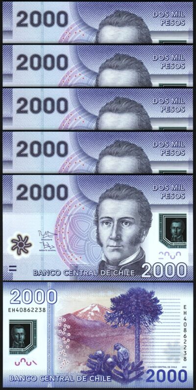 Chile 2000 Pesos 2014, UNC, 5 Pcs LOT, Consecutive, POLYMER, P-162d