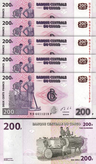 Congo 200 Francs 2013, UNC, 5 Pcs LOT, Consecutive, P-99b