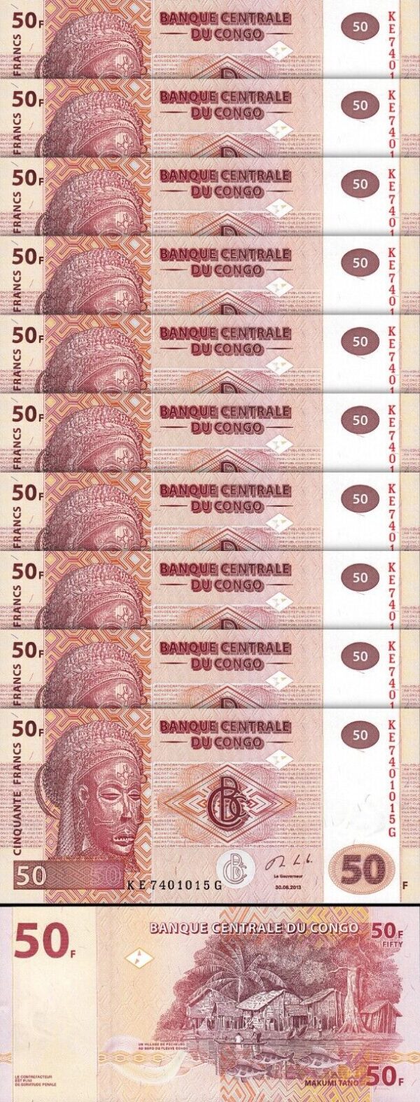 Congo 50 Francs 2013, UNC, 20 Pcs LOT, P-97A - Image 3