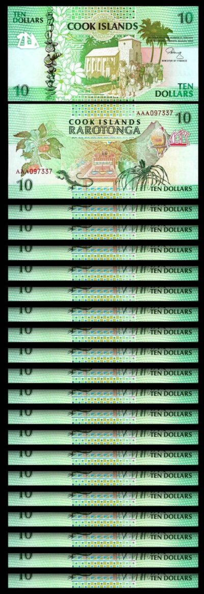 Cook Islands 10 Dollars 1992, UNC, 20 Pcs LOT, Consecutive, AAA, P-8