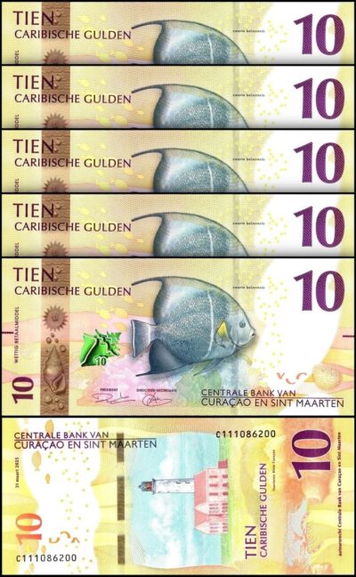 Curacao - Sint Maarten, Caribbean Guilder 10 Gulden 2025, UNC, 5 Pcs LOT, P-1