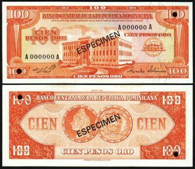 Dominican Rep. 100 Pesos Oro 1975 1976,UNC, SPECIMEN Especimen, P-113s1,A000000A