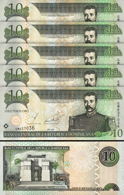 Dominican Republic, 10 Pesos Oro 2002, UNC, 5 Pcs LOT, Consecutive, P-168b