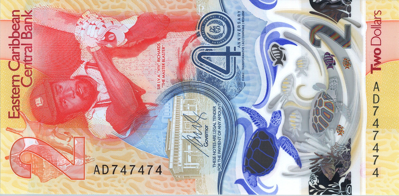 East Caribbean 2 Dollars 2023-2024, REPEATER 74 74 74, UNC, Comm. 40th Year