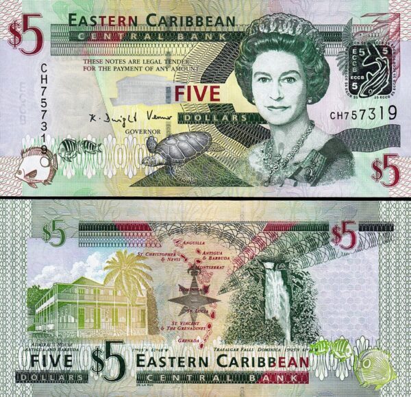 East Caribbean 5 Dollars 2008, UNC, 5 Pcs LOT, Consecutive, P-47 ,QEII, Prfx CH - Image 3