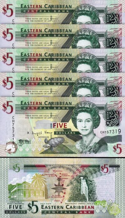 East Caribbean 5 Dollars 2008, UNC, 5 Pcs LOT, Consecutive, P-47 ,QEII, Prfx CH