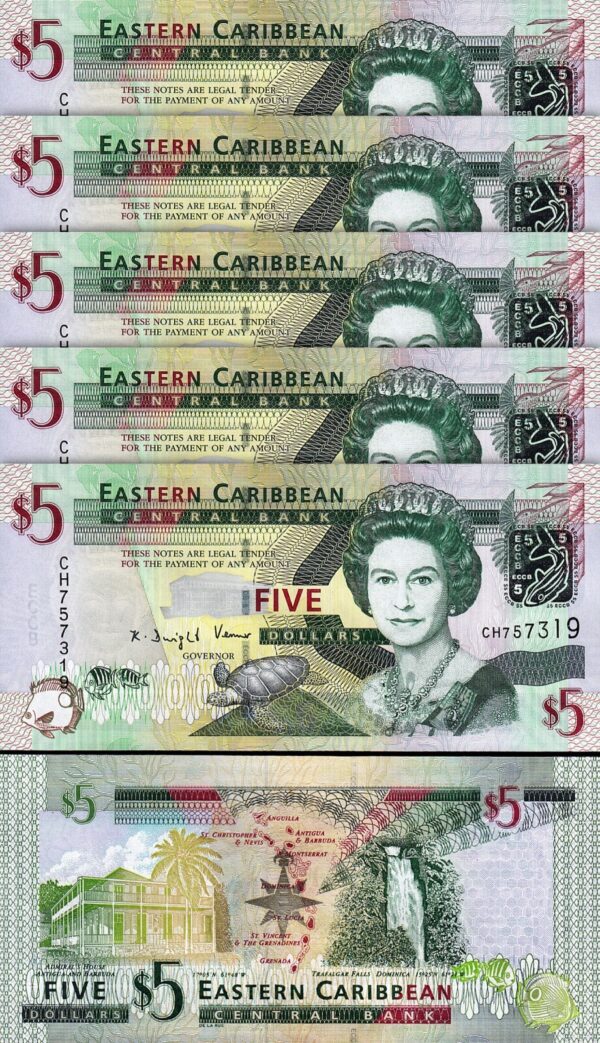 East Caribbean 5 Dollars 2008, UNC, 5 Pcs LOT, Consecutive, P-47 ,QEII, Prfx CH