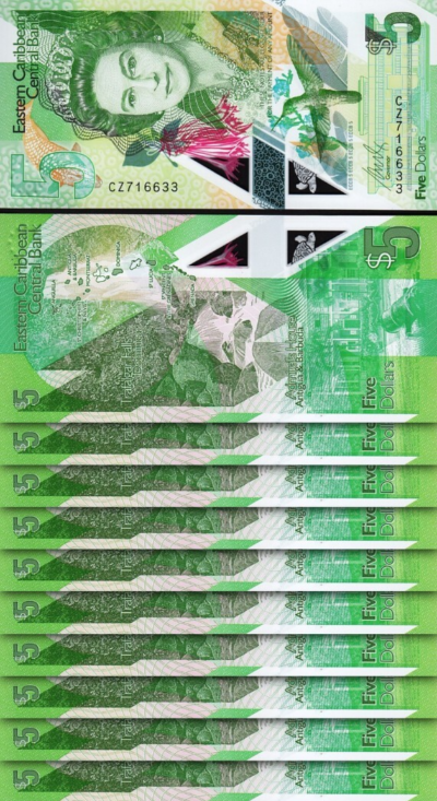 East Caribbean 5 Dollars 2021, UNC, 10 Pcs LOT, Consecutive, P-55Aa, POLYMER