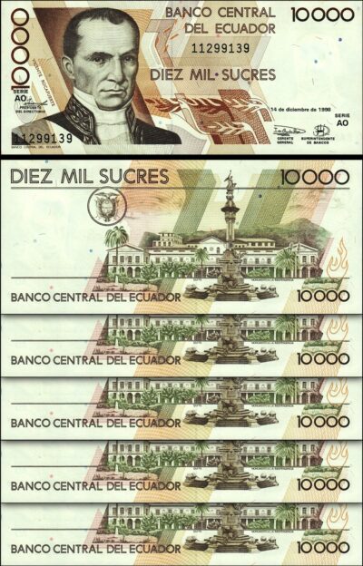 Ecuador 10000 Sucres 14-12-1998, UNC, 5 Pcs LOT, Consecutive, P-127e, Serie AO