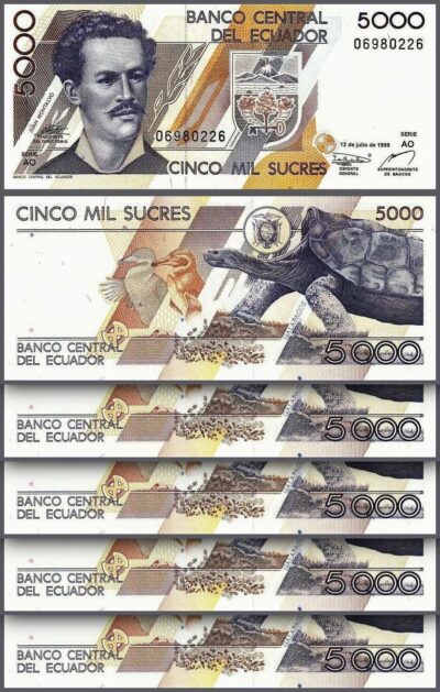 Ecuador 5000 Sucres 1999, aUNC/UNC, 5 Pcs LOT, Consecutive, P-128, Prefix AO