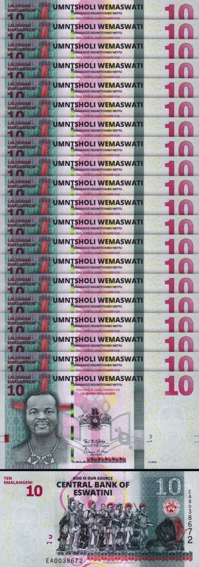Eswatini (Swaziland) 10 Emalangeni 2024, UNC, 20 Pcs LOT, Consecutive, P-NEW