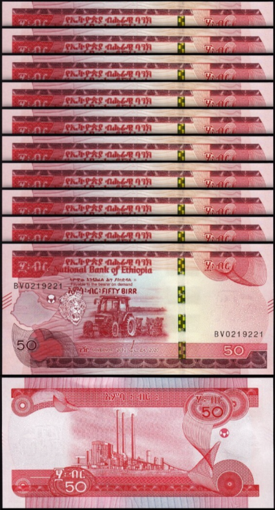 Ethiopia 50 Birr 2012 - 2020, UNC, 10 Pcs LOT, P-54