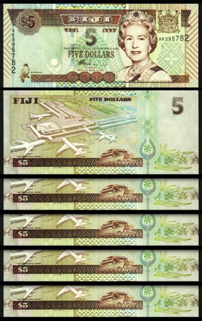 Fiji 5 Dollars 2002, UNC, 5 Pcs LOT, Consecutive, P-105, Queen Elizabeth II